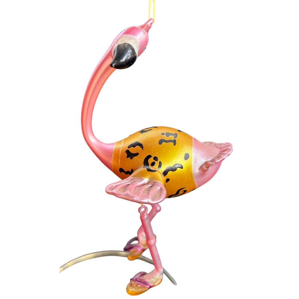Vintage Flamingo Glass Ornament Department 56 with Flip Flops Legs Move 5" x 3"